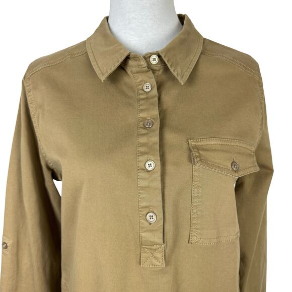 Michael Stars | Eleanor Tan Roll Tab Sleeve Twill A-line Shift Shirt Dress - Picture 5 of 12